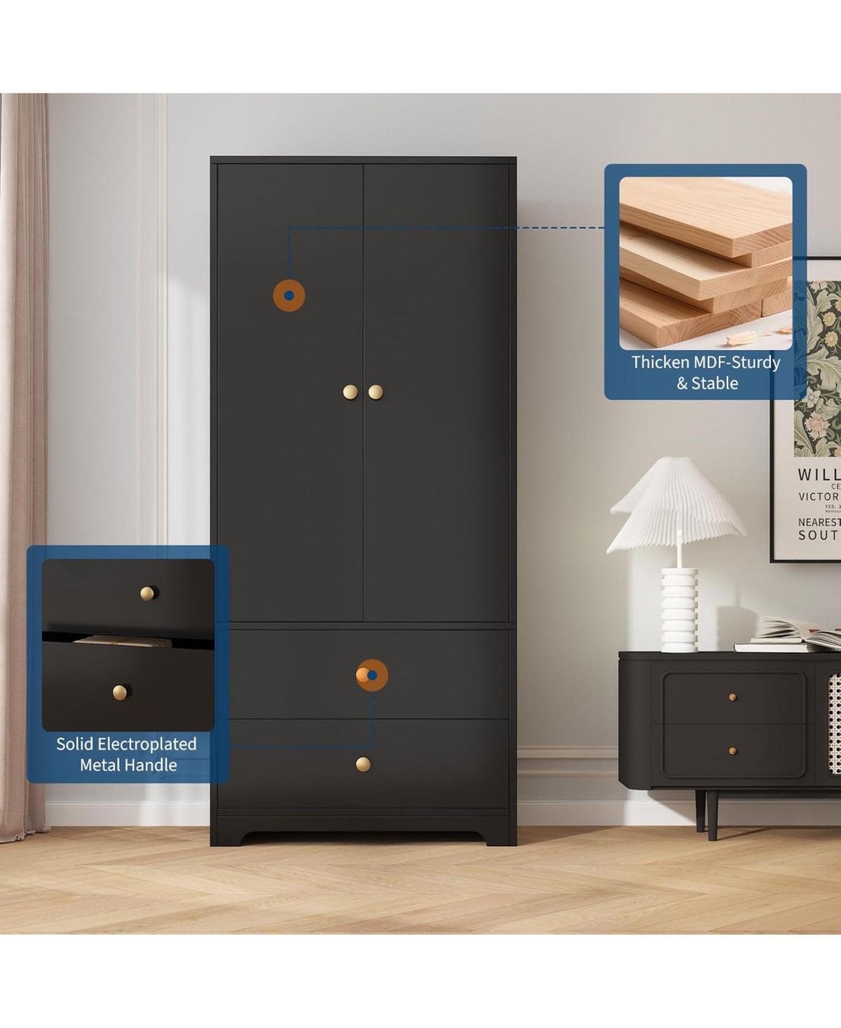 gaomon 71" Armoire Wardrobe Closet with 2 Drawers & Doors, Adjustable Shelves, Hanging Rod, Modern Bedroom Storage Cabinet