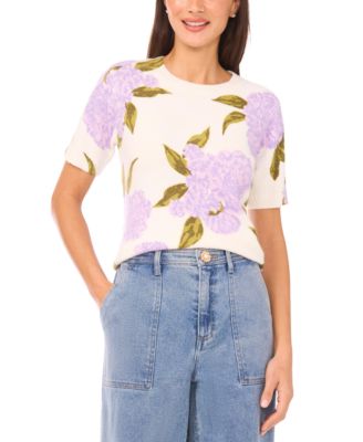 Women's Short-Sleeve Floral Crew Neck Sweater