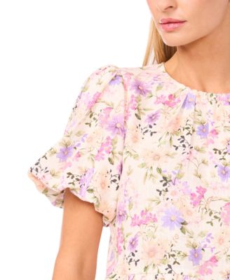 Women's Puff Sleeves Shirred Crew Neck Peplum Top