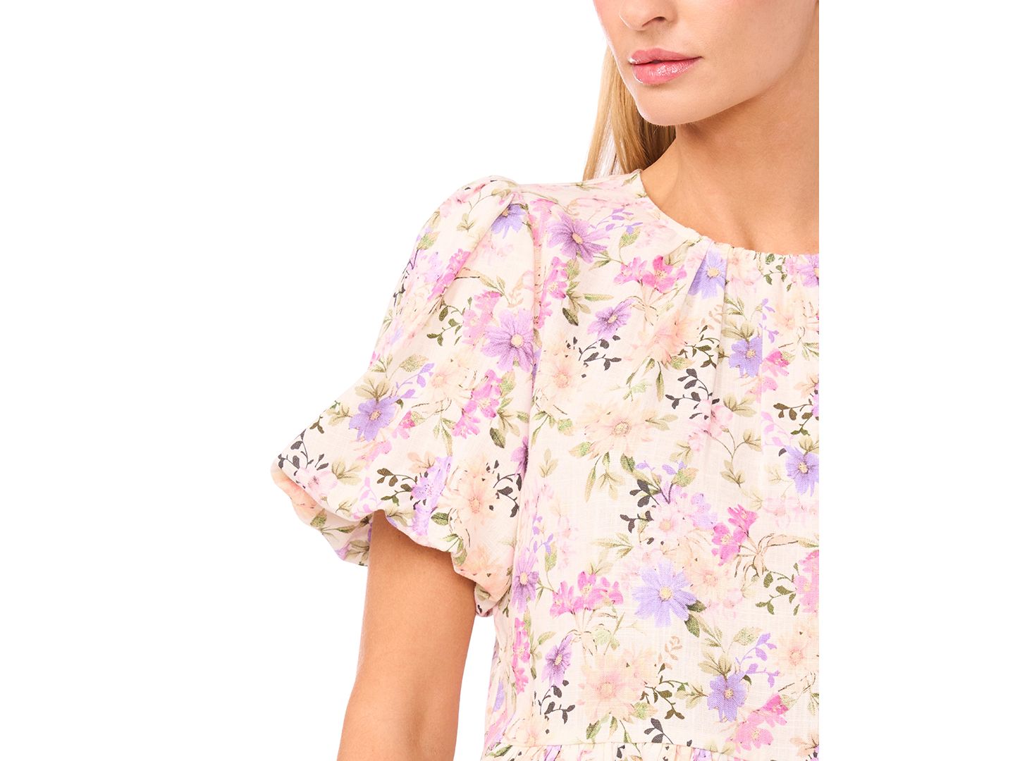 Женский топ CeCe Linen-Blend Floral Puff-Sleeve Crew Neck Peplum, цвет: Слоновая кость — фото 3
