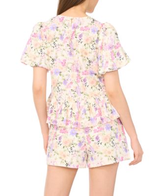 Women's Puff Sleeves Shirred Crew Neck Peplum Top