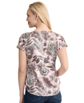 Women's Printed Short-Sleeve Button Detail Blouse