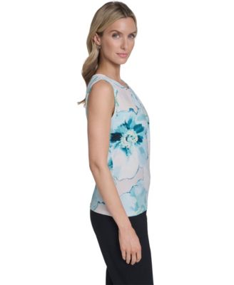 Women's Printed Mesh Crewneck Ruched Top