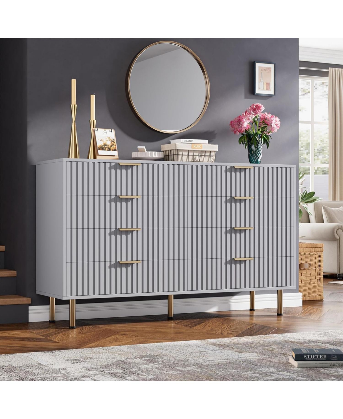 gaomon Drawer Dresser for Bedroom, Fluted Dresser with Large Drawers and Sturdy Gold Legs Support