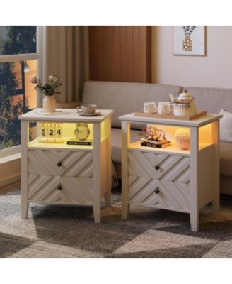 LED Night Stand with 2 Storage Drawers and Stable Wooden Legs，Farmhouse Nightstand w/V-Shaped Design，Wooden Rustic Bedside Table (2, White