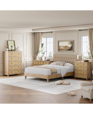 5 Drawer Tall Dresser for Bedroom, 45 in Rattan Dresser, Boho Chest of Drawers, Wooden Chest with Clothes Storage Cabinet