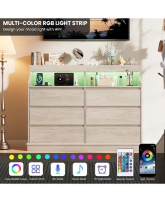 6 Drawer Dresser for Bedroom with LED Lights and Charging Station, Wooden Chest of Drawers with Spacious Top for Closet, Hallway, Living Room