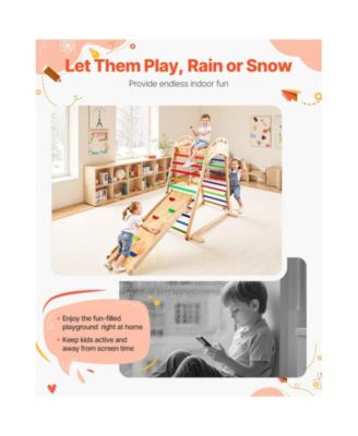 Indoor Playground Jungle Gym, 4-in-1 Wooden Indoor Playground Playset with Climbing Rock, Slide, Wooden Ladder & Gym Rings