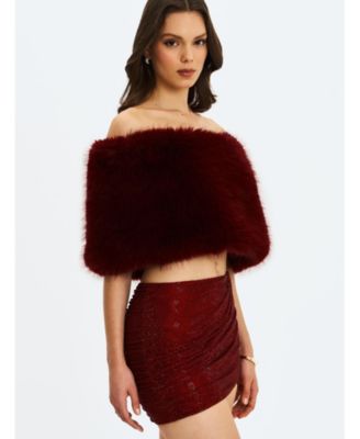 Women's Darla Burgundy Faux Fur Off-Shoulder Cropped Top