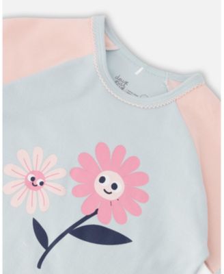 Baby Girls Cotton Two-Piece Pyjama Set Blue Smiling Flower Print