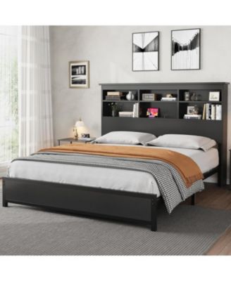 Queen Size Bed Frame with Bookcase Headboard, 2-Tier Storage Platform, USB Charging Station, No Box Spring, Easy Assembly