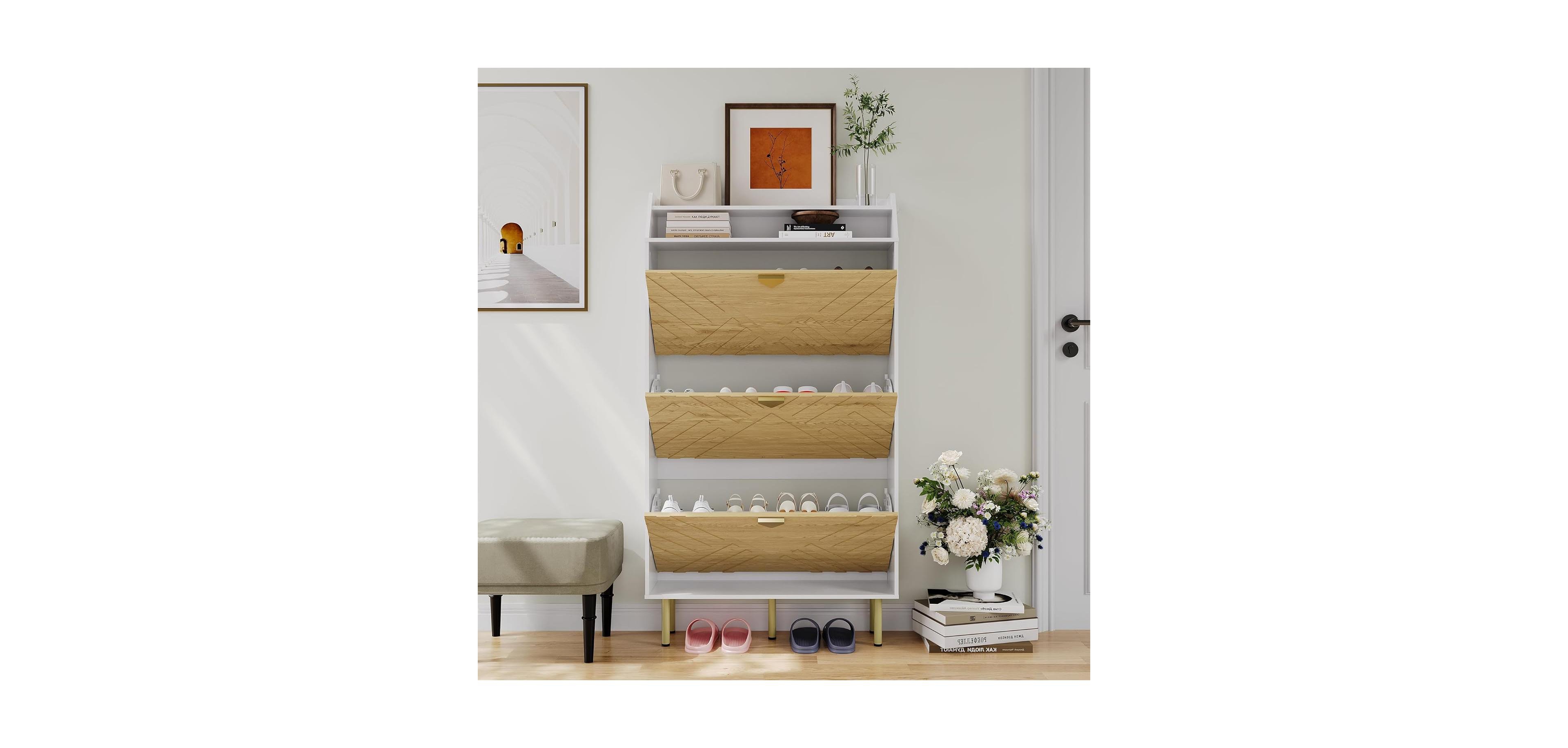 gaomon Shoe Cabinet with 3 Flip Drawers, Narrow Slim Shoe Storage Organizer for Entryway, Hallway, Farmhouse Freestanding Hidden Shoe Rack