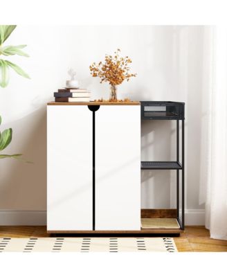 Double Cat Litter Box Enclosure Furniture Cabinet with Side Openings and Splash Pads.