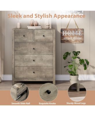 Grey 5-Drawer Modern Tall Wooden Dresser, Large Storage Chest for Bedroom