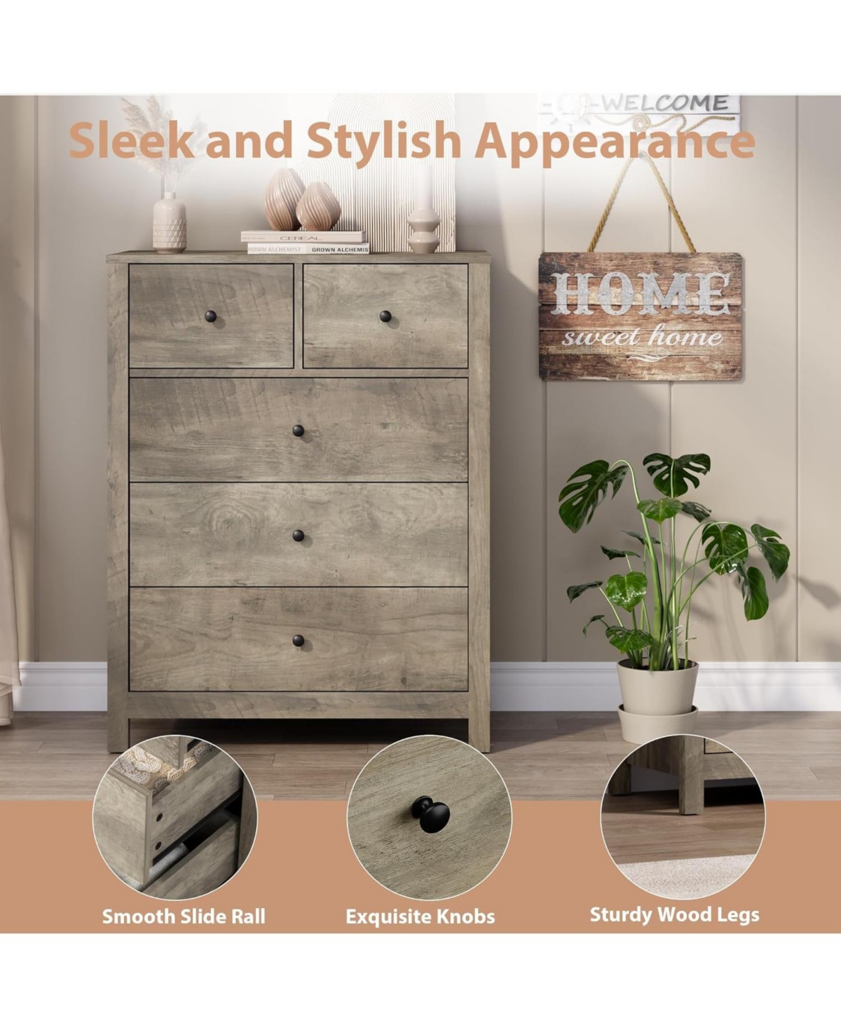 Gaomon Grey 5-Drawer Modern Tall Wooden Dresser, Large Storage Chest for Bedroom