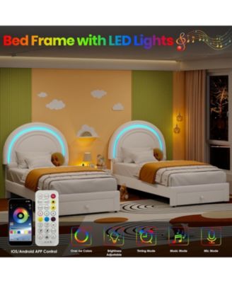 Twin LED Kids Bed Frame, Upholstered Platform Bed with Rainbow Headboard & Storage Drawer, No Box Spring Needed