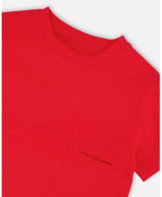 Big Boys Cotton Colorblock Jersey T-Shirt with Chest Pocket Rouge
