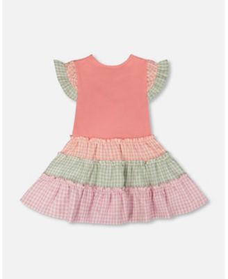 Big Girls Cotton Bi-Material Dress peach and Gingham