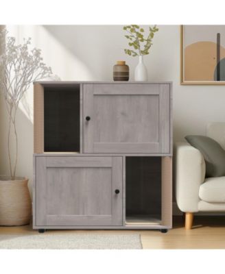 Double Room Cat Litter Box Enclosure for 2 Cats, Hidden Litterbox Furniture with Scratch Posts and Double-Layer Mat