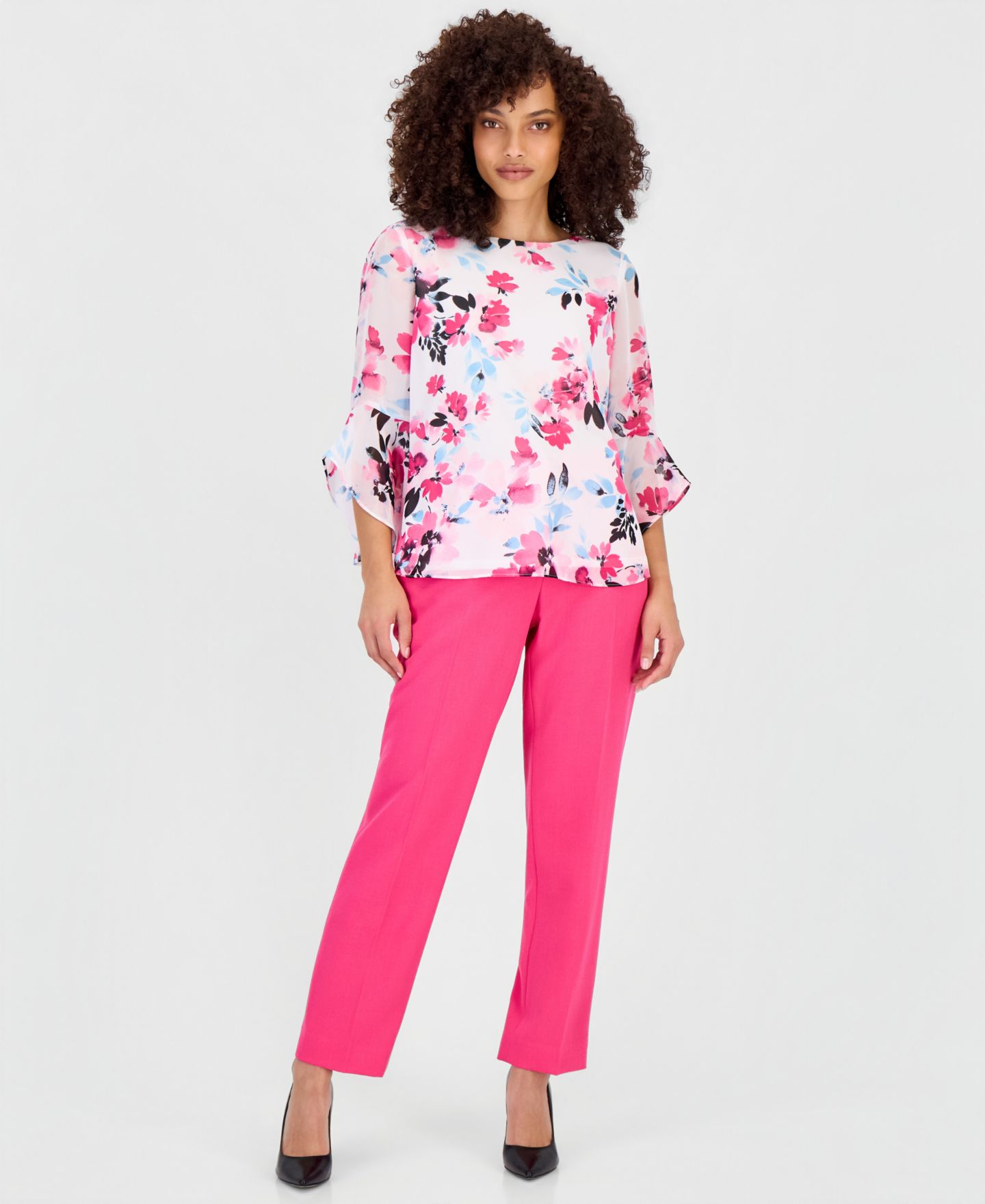 Женская блузка Kasper Petite Floral 3/4-Sleeve Ruffled-Cuff, цвет: Белый разноцветный — фото 4