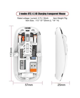 Transparent Tri-Mode Wireless Mouse, 2.4G+BT5.1, Rechargeable Silent Office Mouse