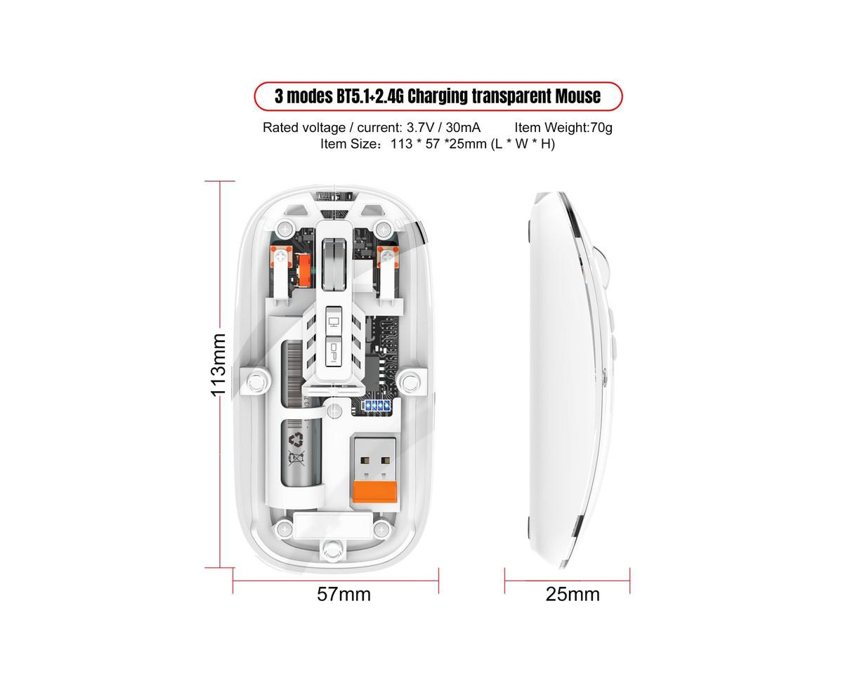 Risokeys Transparent Tri-Mode Wireless Mouse, 2.4G+BT5.1, Rechargeable Silent Office Mouse