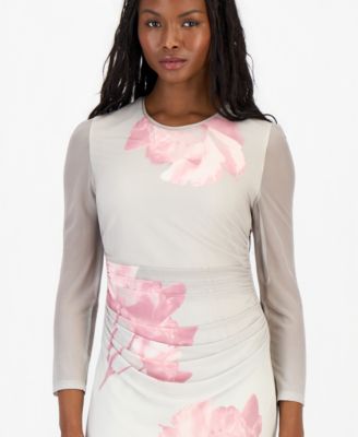 Petite Ruched Printed Mesh Midi Dress