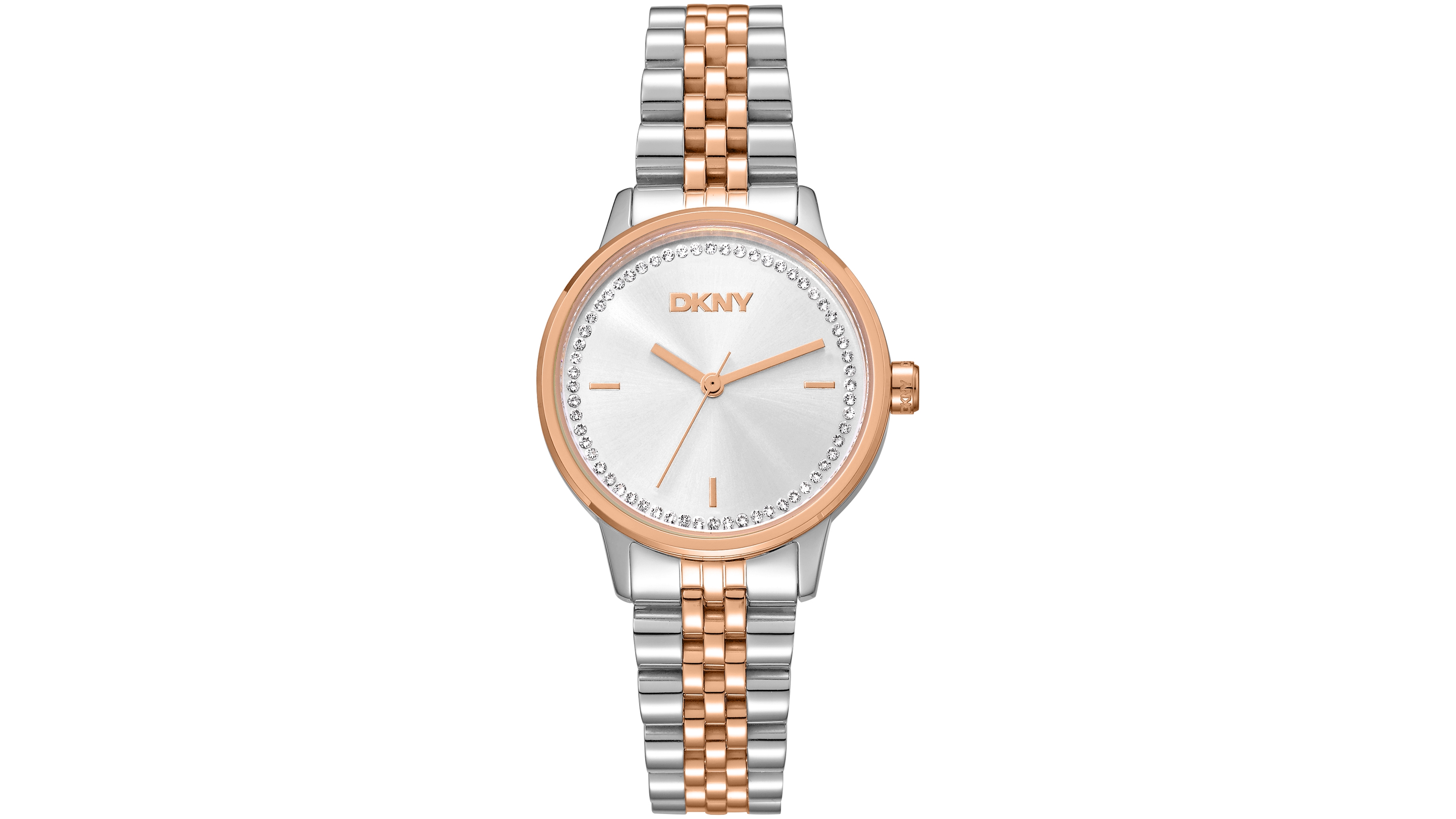 Dkny Women's Silver Crystal Accented Dial Two-Tone Rose Gold Stainless Steel Bracelet Watch, 30mm