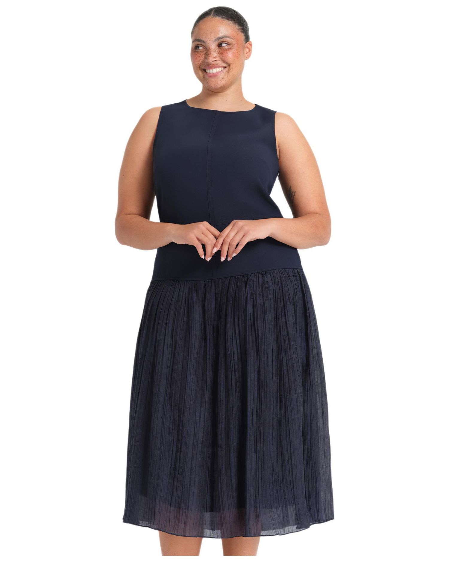 Plus Size Jaylee Pleated Drop Waist Sleeveless Midi Dress