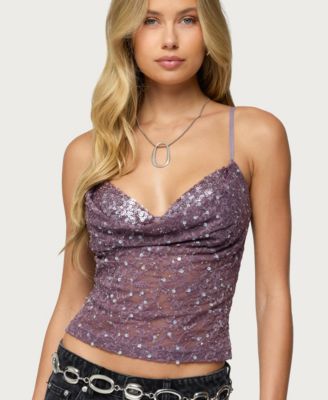 Women's Sequin Layered Bra Cowl Neck Top