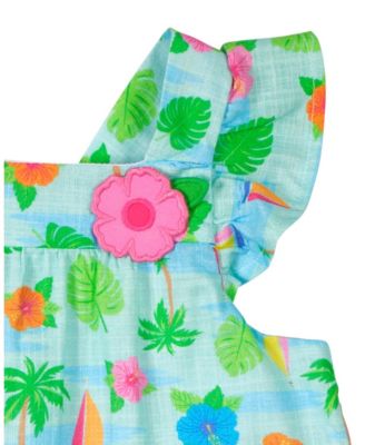 Big Girls Printed Linen Look Dress With Flower