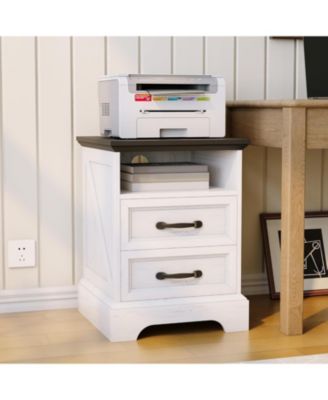 Farmhouse Nightstand with Charging Station, Large Rustic Bedside Table with 2 Drawers & Open Shelf, USB Ports & AC Outlets for Bedroom