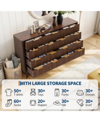 54" Wide 9 Drawer Dresser,Wooden Chest of Drawers with Fluted Wave Pattern, Metal Handles, Modern TV Stand with Curved Profile for Bedroom