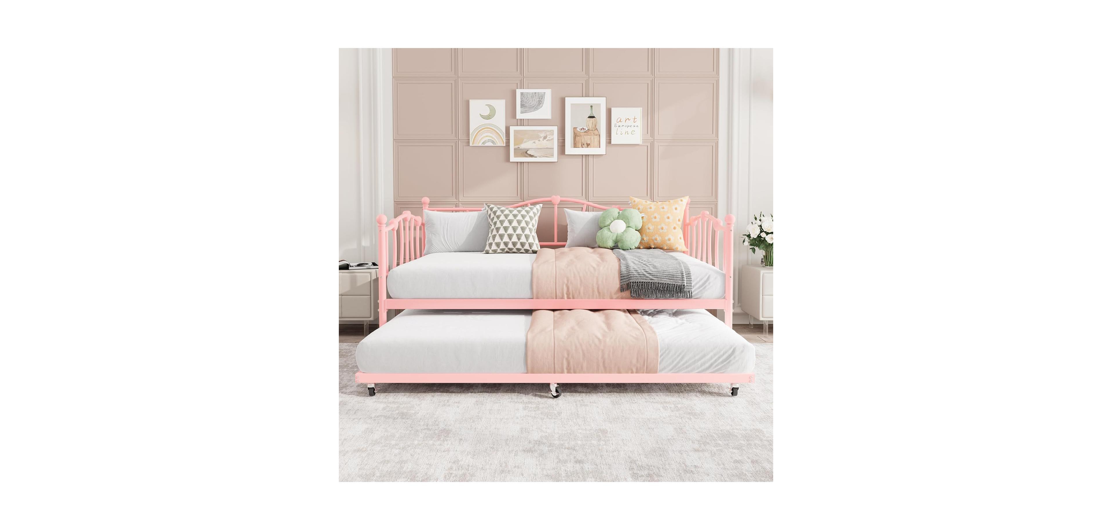 gaomon Twin Daybed with Trundle, Metal Sofa Bed Frame with Steel Slat Support, Twin Size Space-Saving Furniture for Living Room, Bedroom