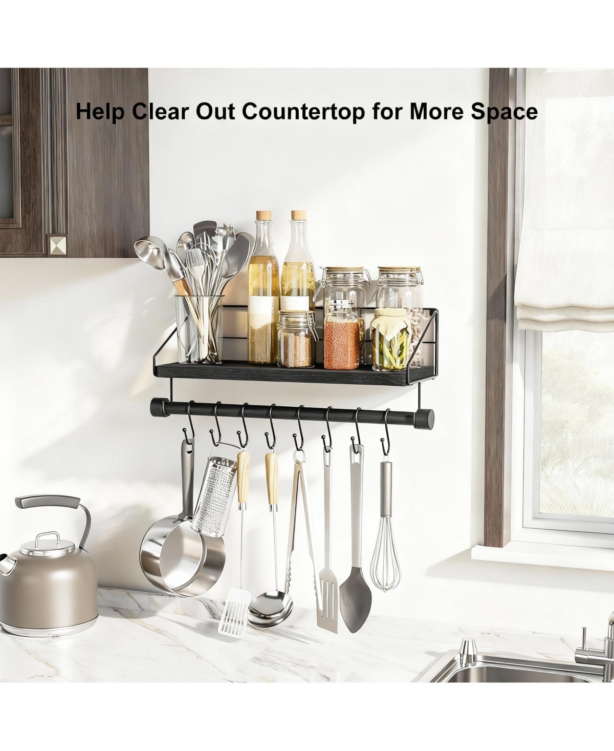 Yigii Wooden floating shelf with towel rack and hooks for coffee bar/kitchen/bathroom