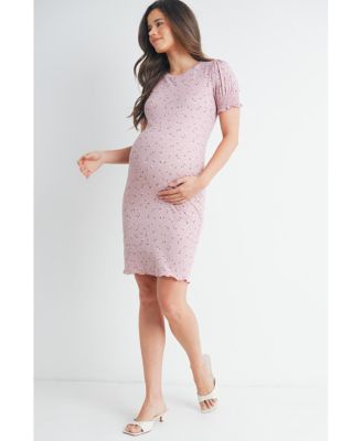 Maternity Floral Ribbed Mini Dress with Short Puff Sleeves