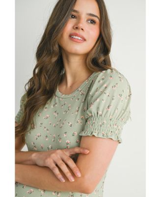 Maternity Floral Ribbed Mini Dress with Short Puff Sleeves