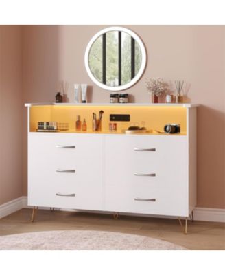 6 Drawer Dresser with LED Lights and Charging Station,Modern Wood TV Stand Storage Chest for Bedroom Living Room Entryway Hallway