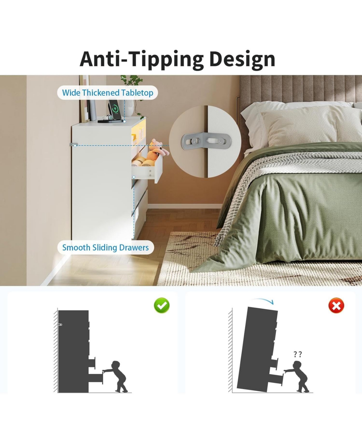 gaomon Modern 4 Drawer Dresser with Led Light and Charging Station, Storage Chest with Power Outlet, Accent Double Dresser for Bedroom Living