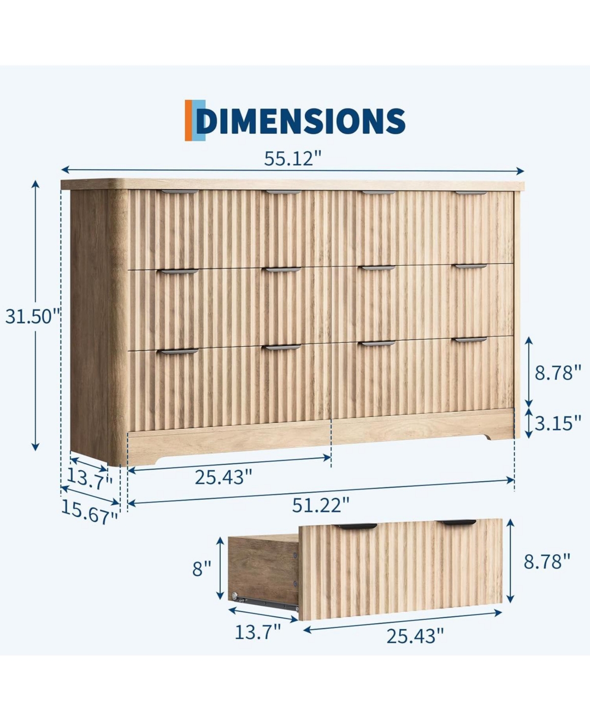 gaomon Fluted 6 Drawer Dresser Modern Storage Cabinet with Wide Top for Bedroom Living Room Sturdy Wooden Chest of Drawers Tv Stand Organizer