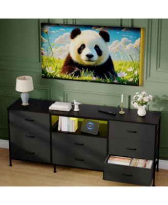 63" w LED TV Stand Dresser with 8 Fabric Drawers, Dressers & Chests of Drawers TV Stand with Storage, Steel Frame & LED Lighting