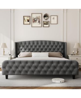 Queen Upholstered Deep Button Tufted Noise Free Wood Slat Platform Bed with Tall Wingback Headboard