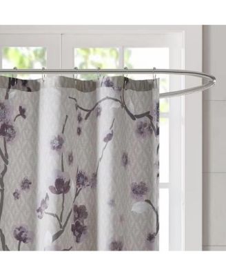 Cotton Shower Curtain with Purple Grey Beige Floral Blossom Pattern