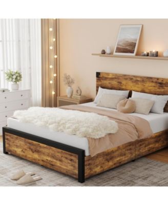 Size Solid Wood Platform Bed Frame with Storage Drawers & No Box Spring Needed