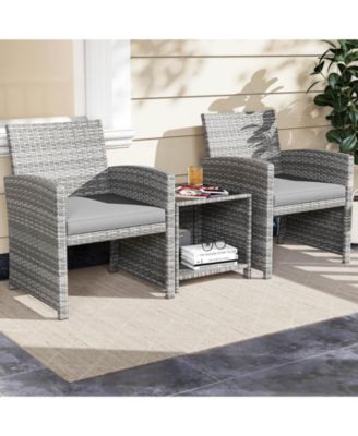 3 PCS Patio Furniture Set with Tempered Glass Coffee Table & Soft Seat Cushions