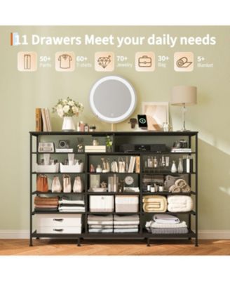 Dresser for Bedroom with 11 Drawers Featuring LED Light and Power Outlet, Fabric Dressers & Chest of Drawers with Open Shelves for Hallway