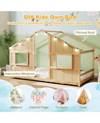 Kids Twin Floor Bed, House-Shaped Design with LED Lighting