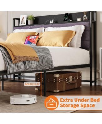 Full Bed Frame with Storage Drawers and Charging Station,Upholstered Headboard Bed with 2-Tier Storage Shelf, Metal Platform Bed Frame