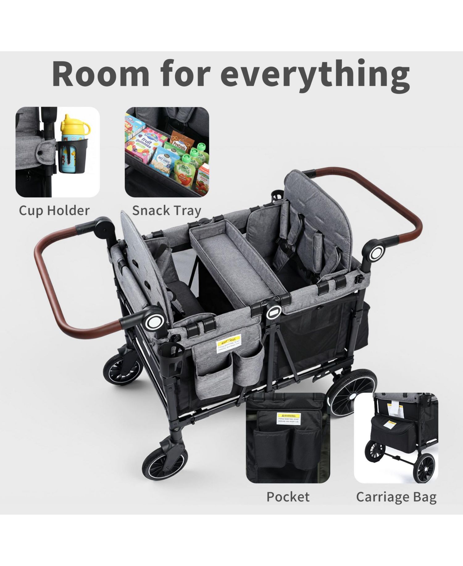 All-Terrain 4-Seat Stroller Wagon with Canopy, Shock-Absorbing Wheels, Snack Tray, Storage Bag & Adjustable Handle