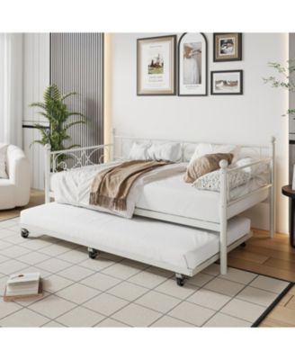 Twin Daybed with Trundle Bed, Space-Saving Metal Day Bed Frame with Floral Headboard and Heavy Duty Steel Slats